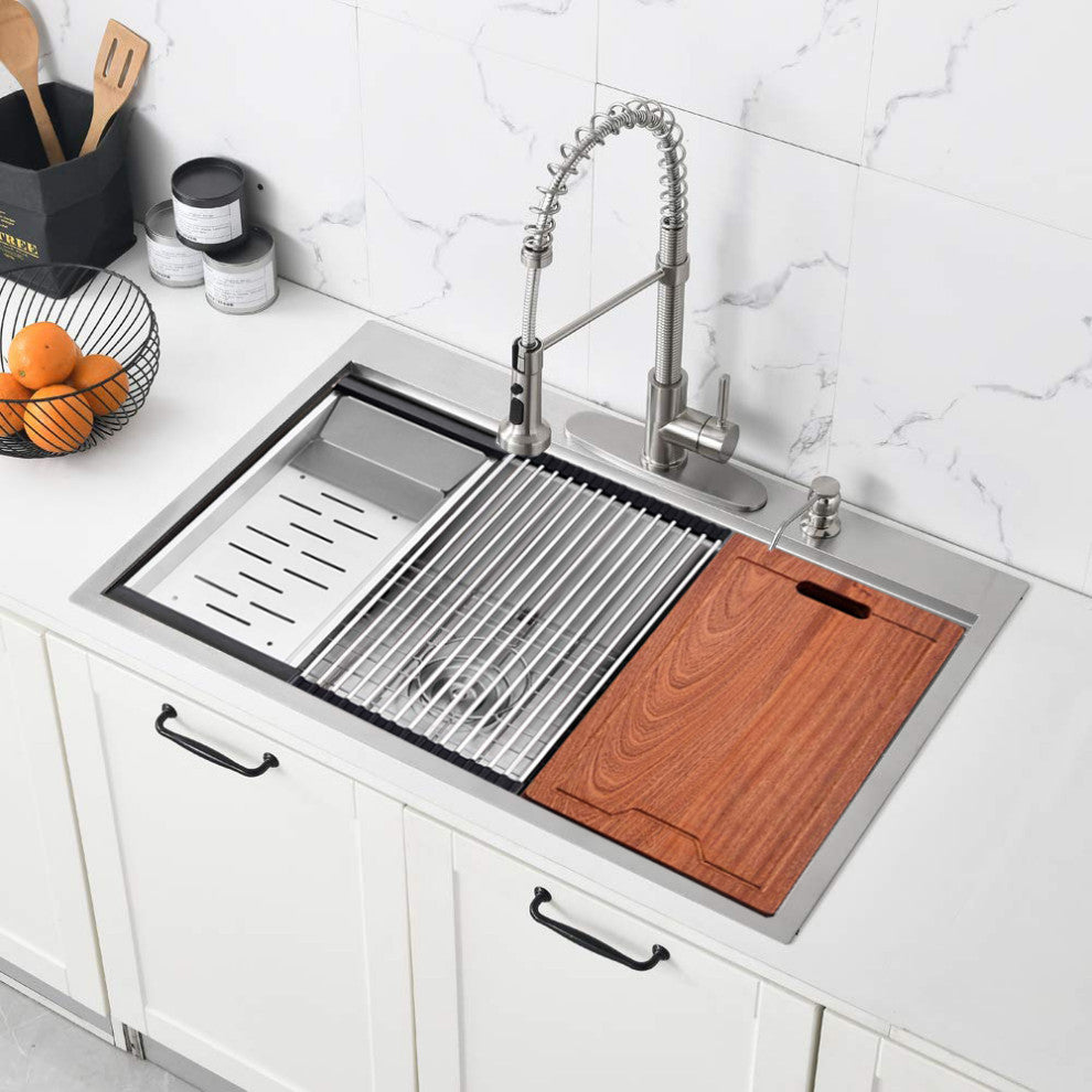33" L X 22" W Premium Stainless Steel Kitchen Sink, Brushed Nickel