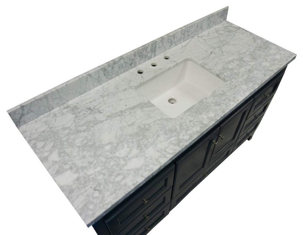 Abbey 60" Bath Vanity, Base: Marine Gray, Top: Carrara Marble, Single Vanity