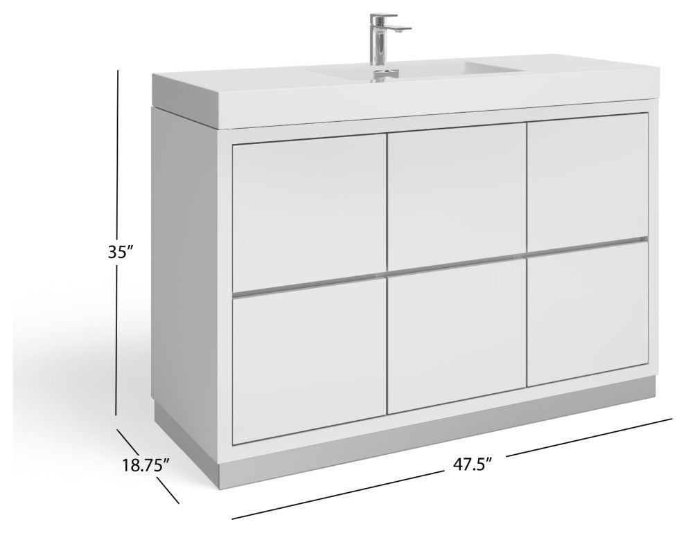 Boutique Bath Vanity, High Gloss White, 48", Single Sink, Freestanding