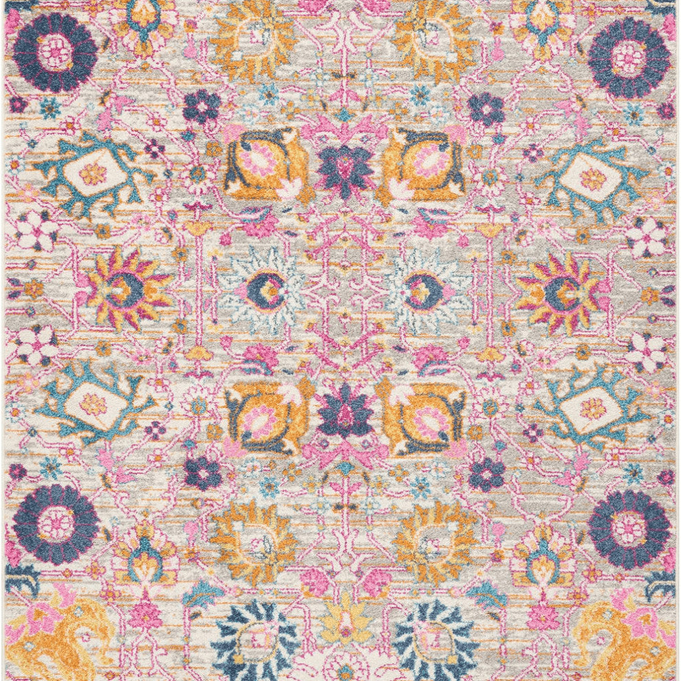 5' X 7' Gray and Pink Floral Power Loom Distressed Area Rug