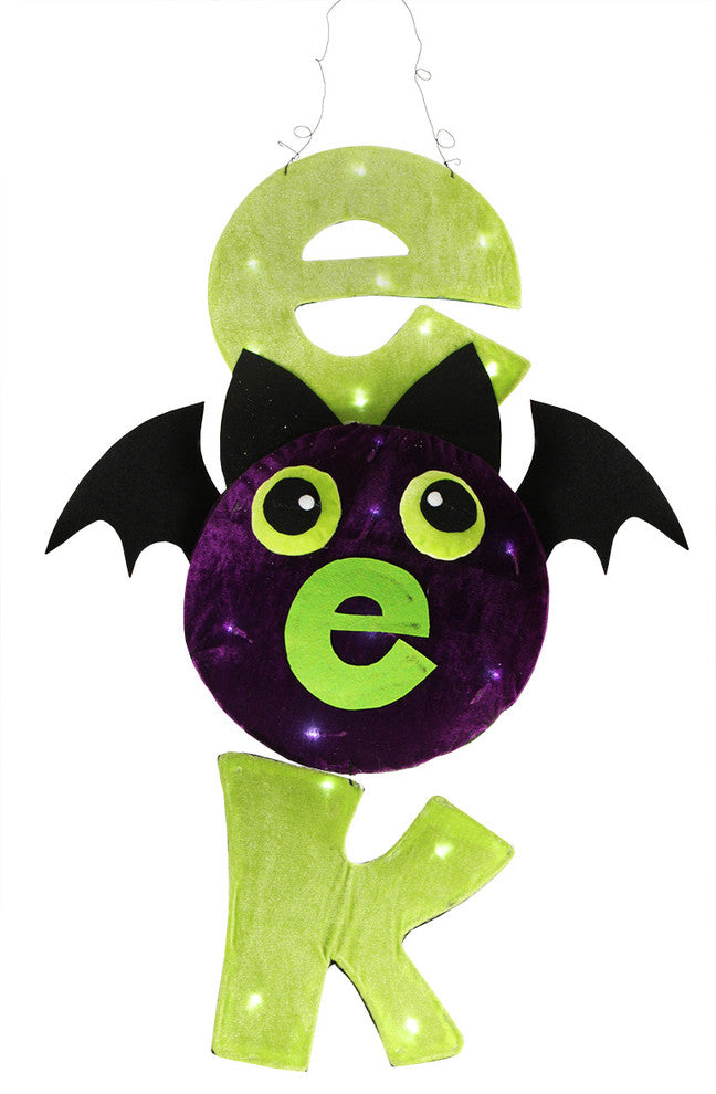 LED "EEK" Spooky Bat Hanging Halloween Decoration, Lime Green and Purple, 31"