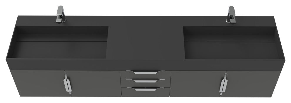 CastelloUSA Amazon 84" Wall Mounted Bathroom Vanity Set, Black, Black Top, Brushed Nickel