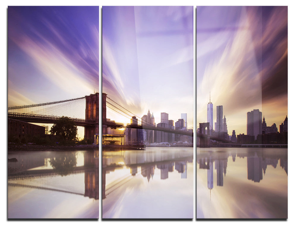 "Purple Sky Over Brooklyn Bridge" Photo Metal Wall Art, 3 Panels, 36"x28"