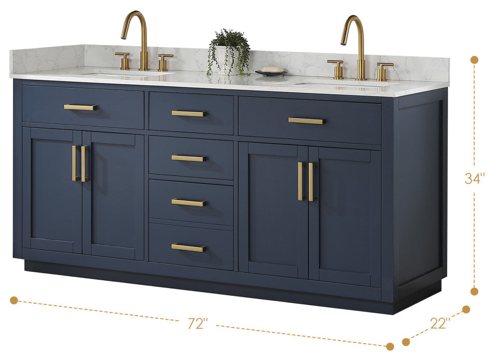 Gavino Vanity With Grain White Composite Stone Top, Royal Blue/Brushed Gold, 72", No Mirror