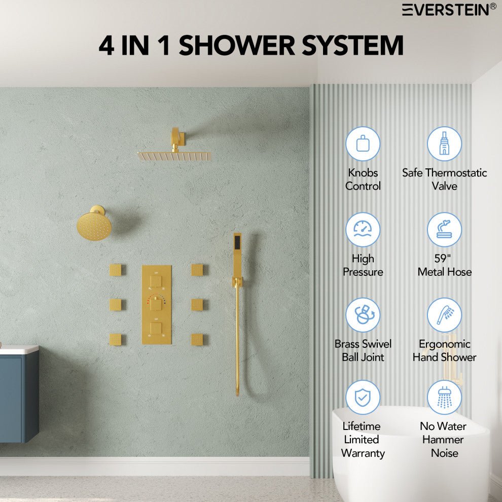Dual Heads 12" Rain Shower System With 3 Way Thermostatic Faucet,Body Jets, Brushed Gold