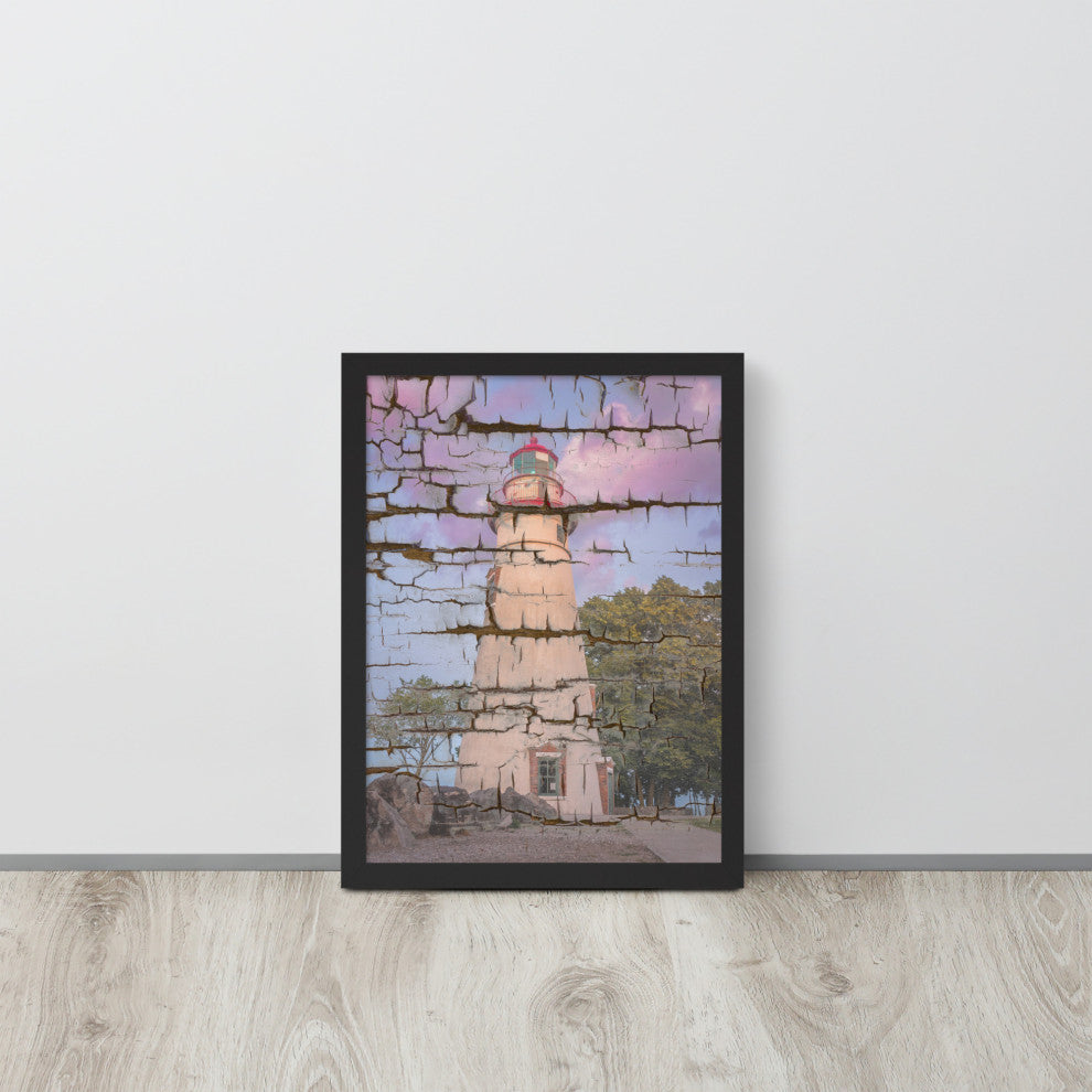 Faux Wood Texture Marblehead Lighthouse at Sunset Framed Photo Wall Art Print, Black, 12" X 16"