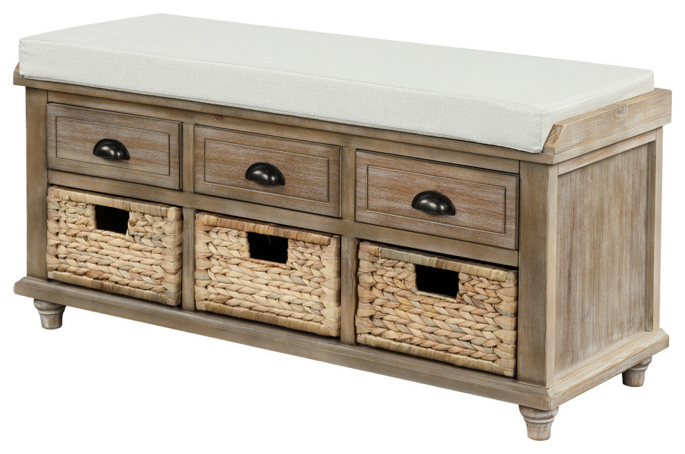 TATEUS 42" Rustic Storage Bench With 3 Drawers and 3 Rattan Baskets, White Washed
