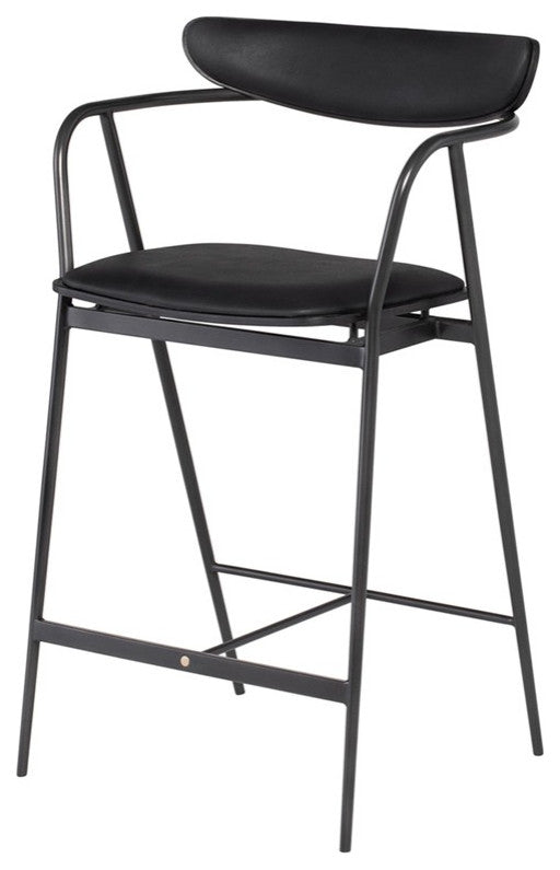Leather Counter Stool Black Steel Oak Wood Modern Stool, Raven