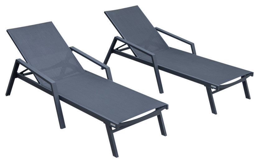 LeisureMod Marlin Outdoor Patio Stackable Chaise Lounge Chair with Arms Set of 2, Black