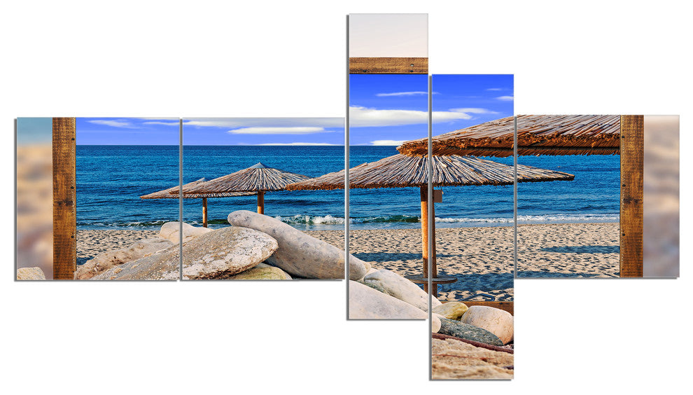 Framed Effect Beach Umbrellas, Seashore Canvas Art Print, 60"x32", 5 panels