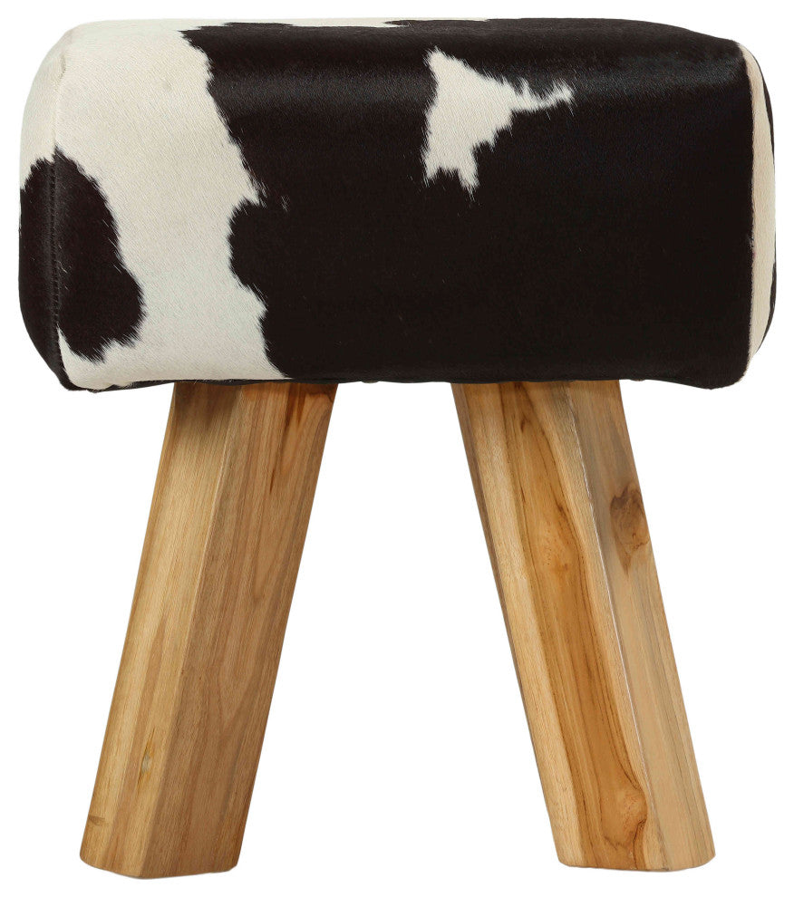 Bare Decor Juliet Genuine 100% Hide and Teak Vanity Stool Ottoman, Black/White