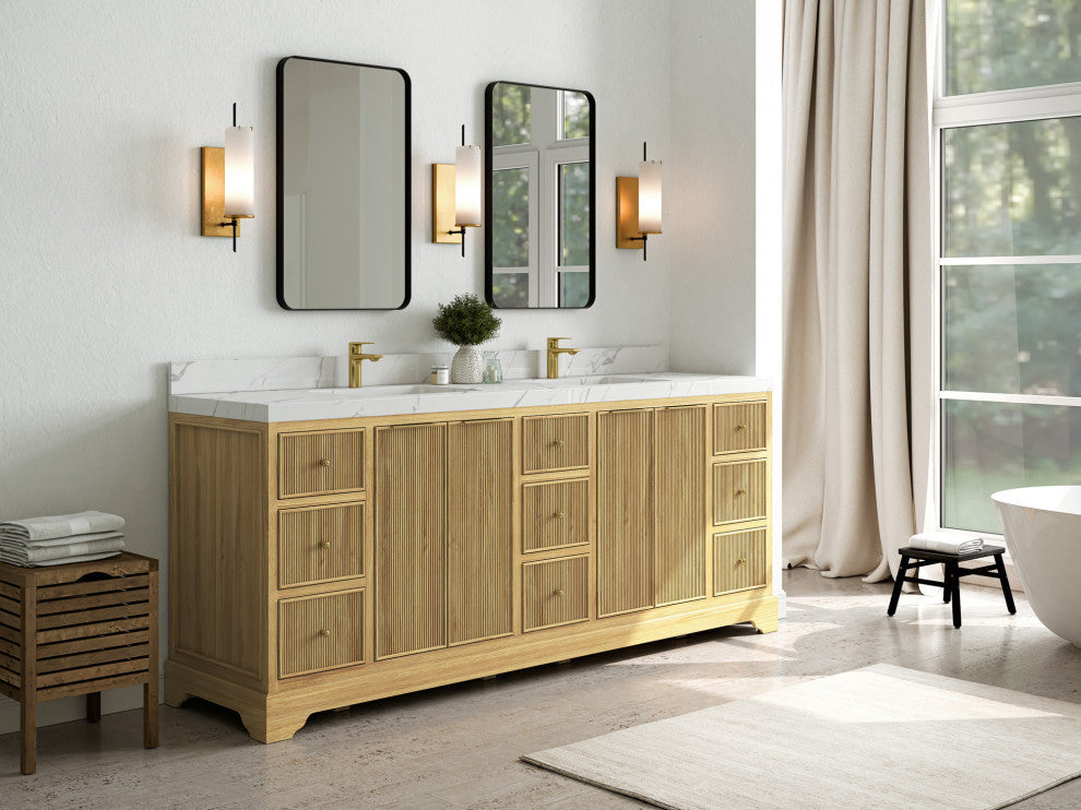 Austin 84 Double Sink Bath Vanity in Light Natural Teak 2" Carrara Marble