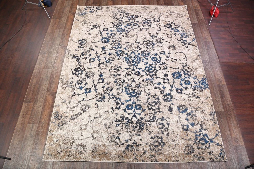 Modern Transitional Floral Oriental Distressed Area Rug, Beige, 8x10''