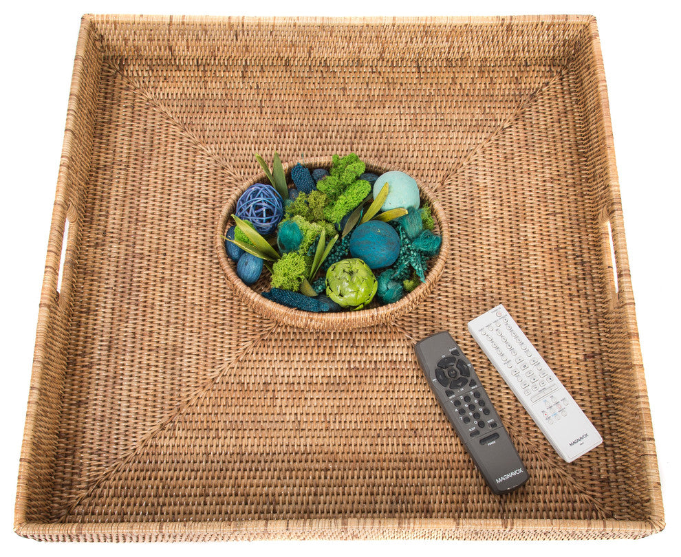 Artifacts Rattan™ Square Ottoman Tray with Cutout Handles, Honey Brown, 24"x24"