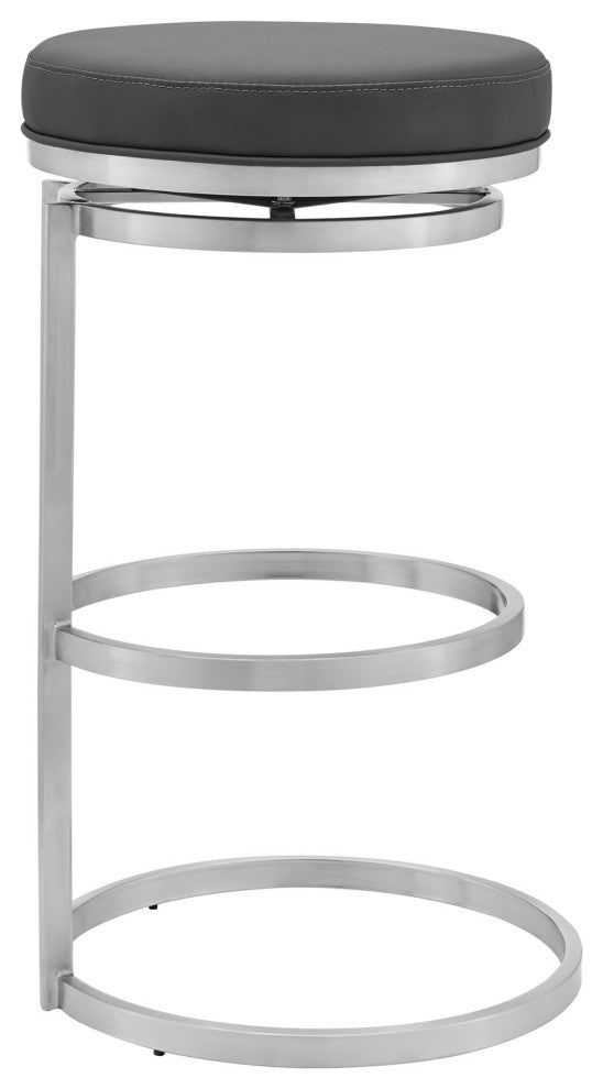 Benzara BM245974 26" Gray Leather and Brushed Stainless Steel Swivel Bar Stool