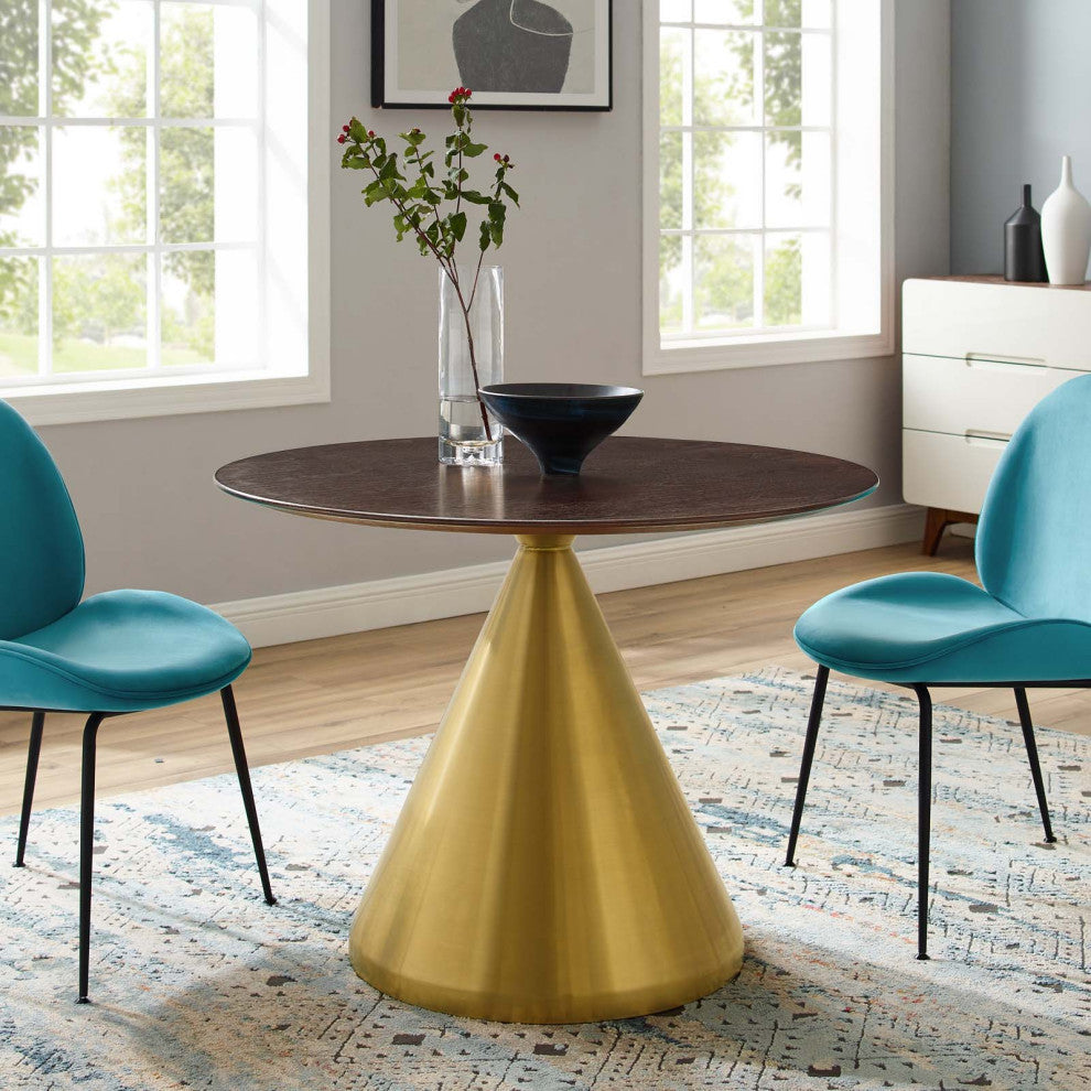 Dining Table, Round, Wood, Metal, Gold Dark Brown Brown Walnut, Modern, Bistro