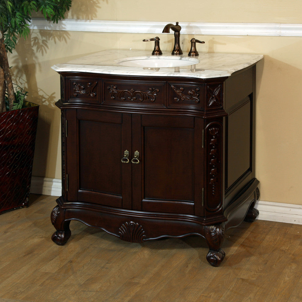 Ashby White Single Vanity, Walnut With Marble Vanity Top, White