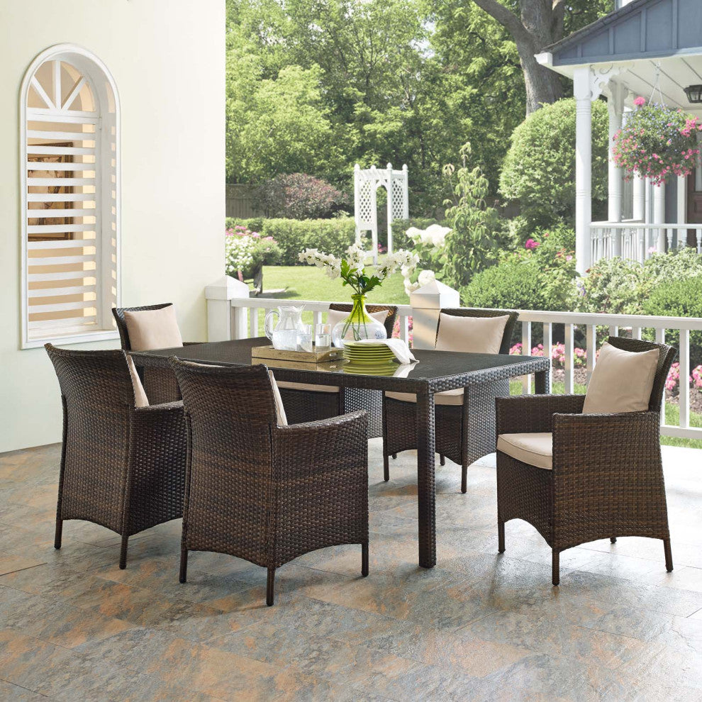 Side Dining Chair and Table Set, Rattan, Wicker, Brown Beige, Modern, Outdoor
