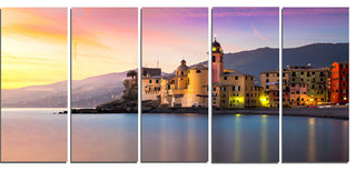 "Old Mediterranean Town at Sunrise" Large Wall Artwork, 5 Panels