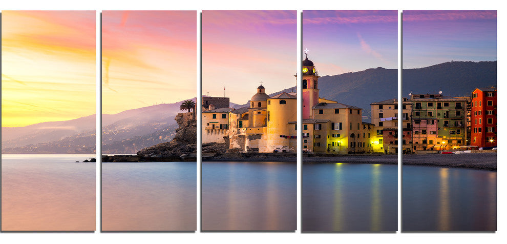 "Old Mediterranean Town at Sunrise" Large Wall Artwork, 5 Panels