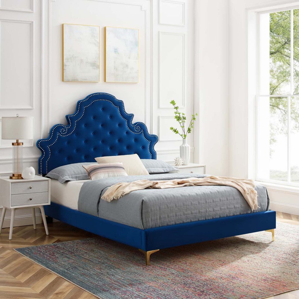 Tufted Platform Bed Frame, Twin Size, Velvet, Blue Navy, Modern Contemporary