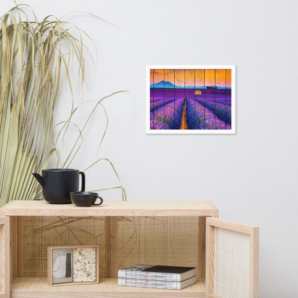 Faux Wood Lavender Fields and Sunset Landscape Framed Photo Paper Wall Art Print, White, 12" X 16"