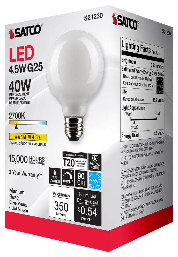 4.5W G25 LED, White, Medium Base, 90 CRI, 2700K, 120V
