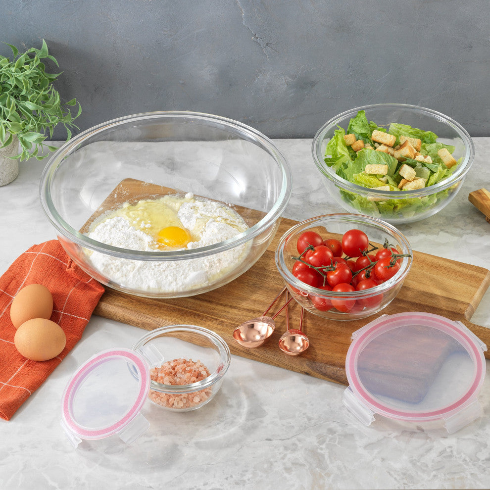 JoyFul Glass Mixing Bowl Set with Airtight Lids - Black, Clear/Red