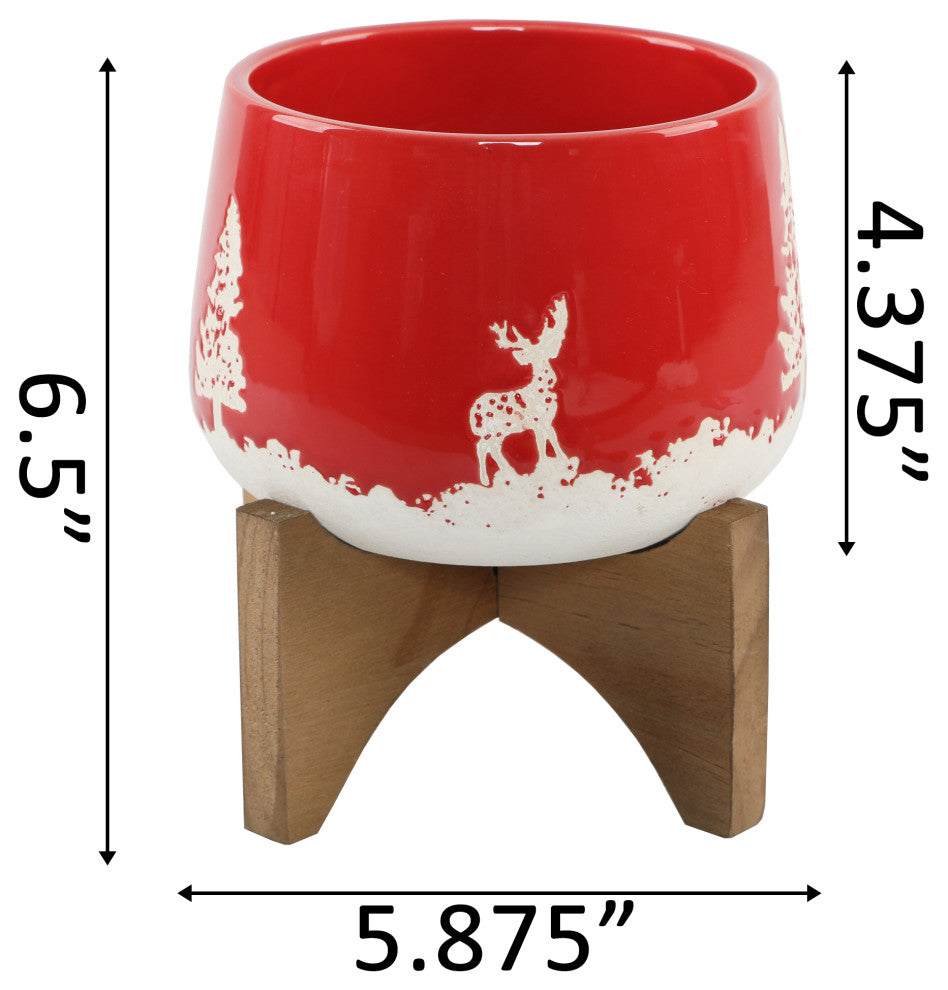 6 Inch Ceramic Xmas Planter On Wood Stand, Red