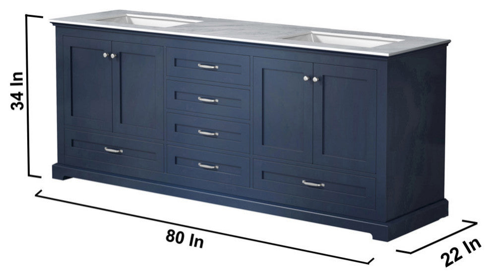 Dukes 80" Vanity, Wht Carrara Marble Top, Wht Sq Sinks & No Mirror, Navy Blue