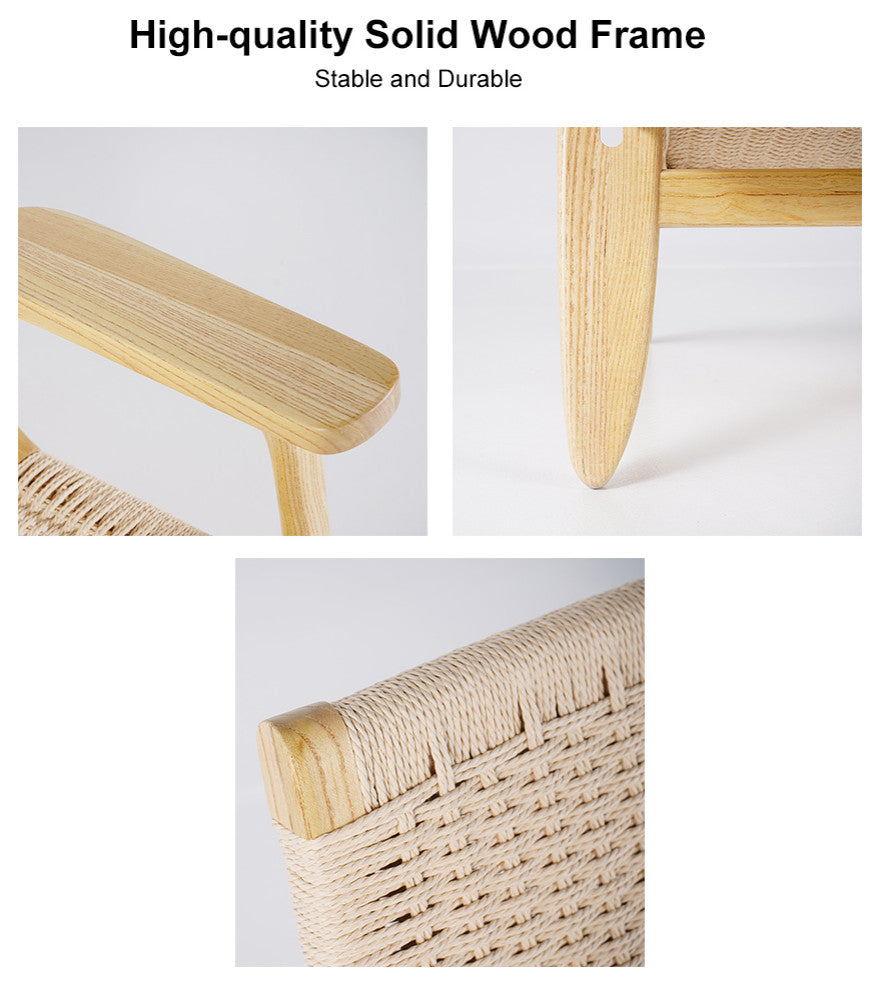 Japandi Wood Outdoor Patio Lounge Chair Armchair Kraft Paper Rope Woven Seat