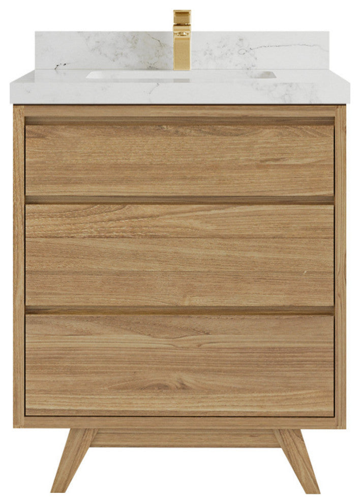Madison  Teak 30 Single Sink Bath Vanity Golden Teak 2" Calacatta Nuvo