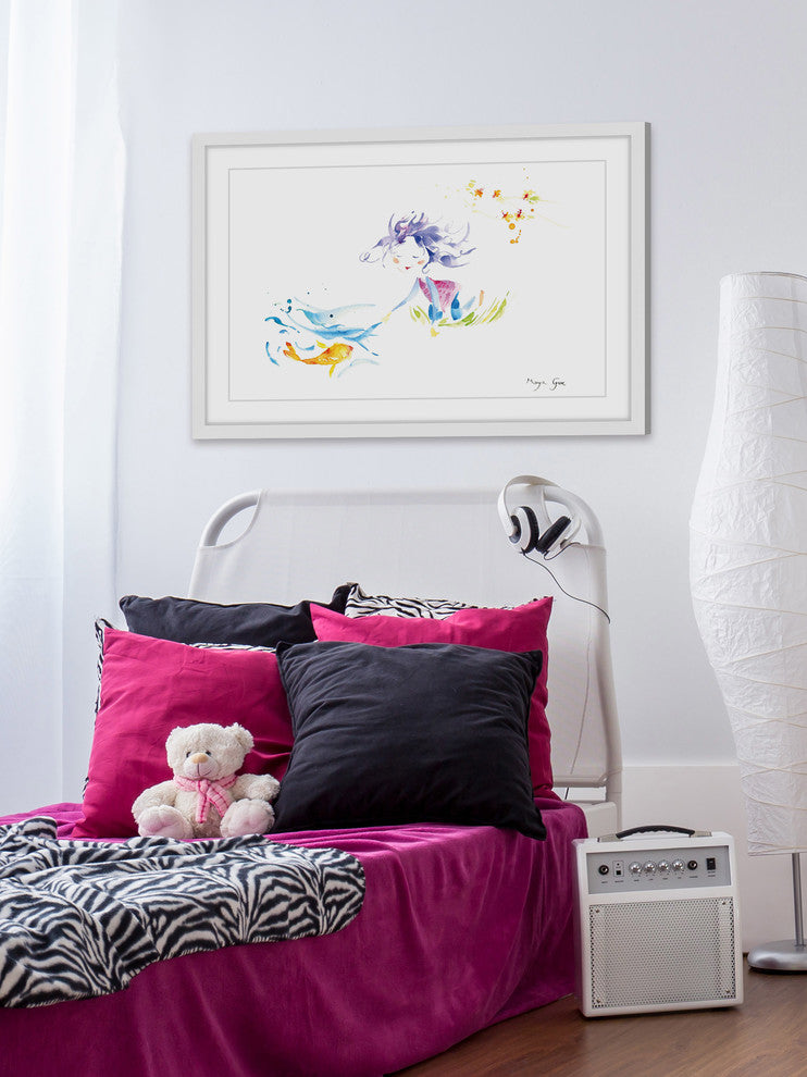 Marmont Hill, "Girl and Fish" by Maya Gur Framed Painting Print, 30x20