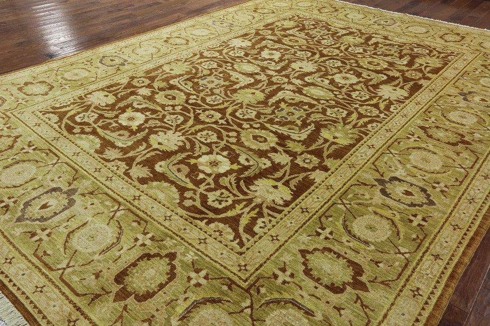 Oriental Oushak Ochre Hand-Knotted Chobi Peshawar Quality Wool Rug, 10'x14'