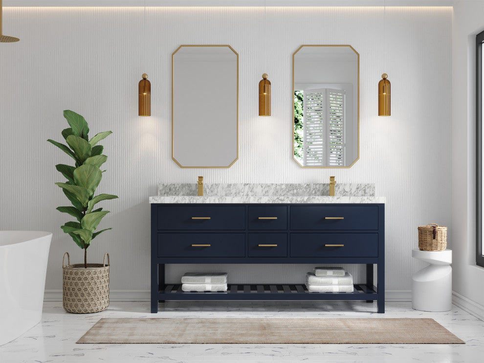 Parker 72 Double Sink Bath Vanity in Navy Blue  2" Carrara Marble