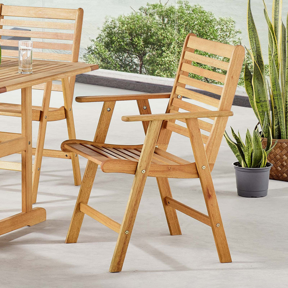 Side Dining Chair Armchair, Wood, Brown Natural, Modern, Outdoor Patio Bistro