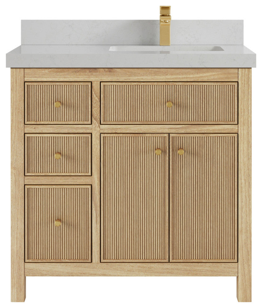 Sonoma 36 Right Offset Bath Vanity in Light Natural Teak with 2" Carrara Quartz