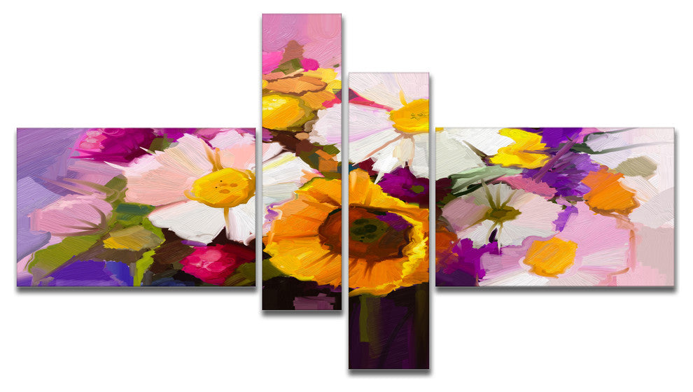 Bunch of White Red Yellow Flowers, Large Floral Canvas Print, 60"x32", 4 panels