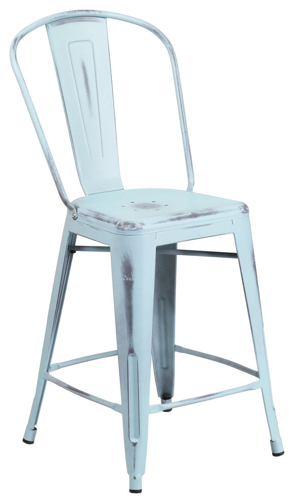 24" High Distressed Green-Blue Metal Indoor-Outdoor Counter Stool With Back