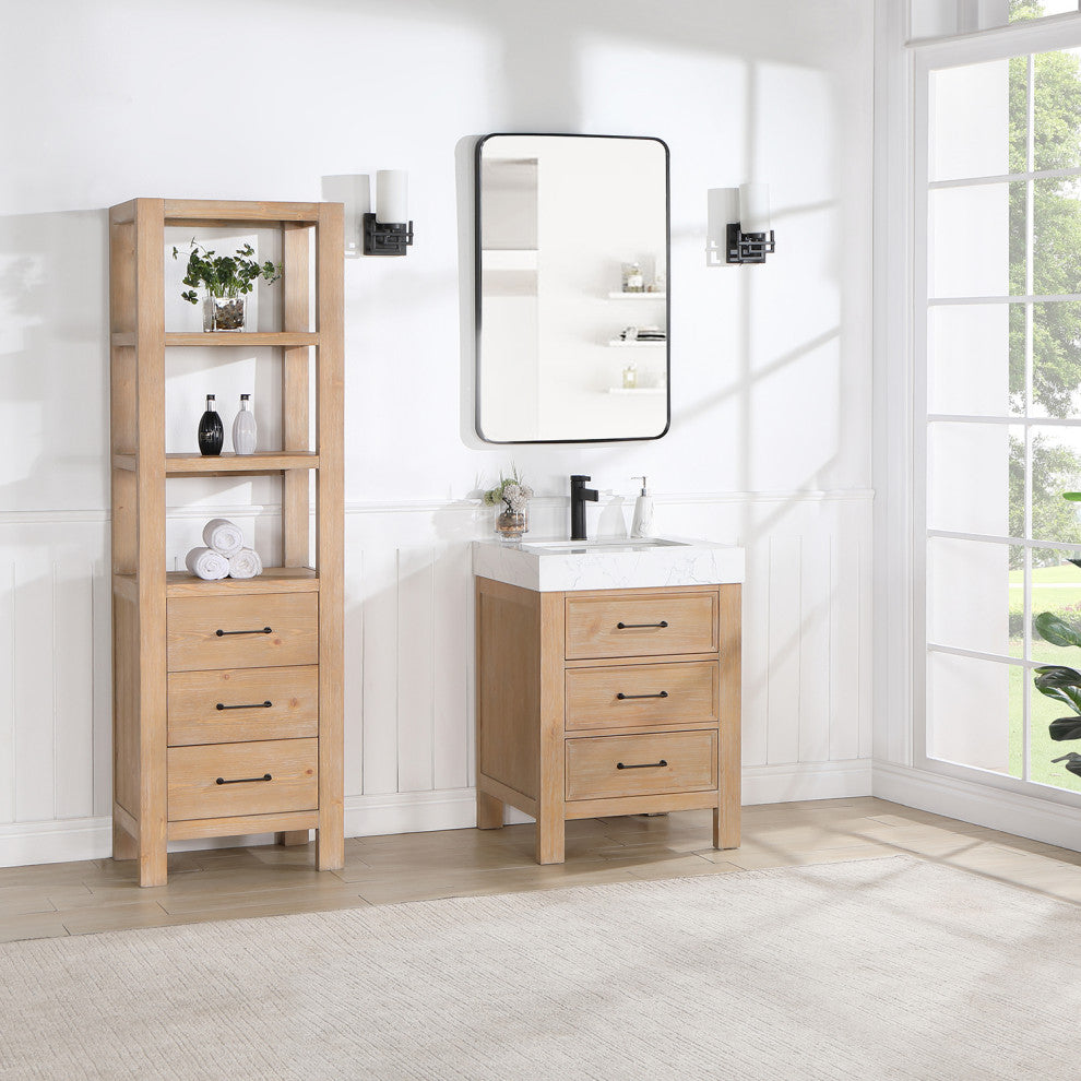 Leon Storage Cabinet for Bath, Kitchen and Living Room, Fir Wood Brown, 22"