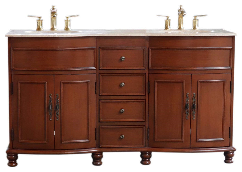 62" Double Sink Vanity Walnut Finish, Travertine Top