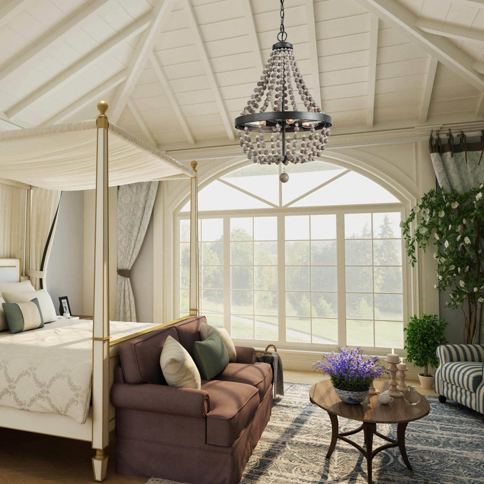 LNC 4-light Famhouse Distressed Wood Beaded Empire Boho Style Chandelier