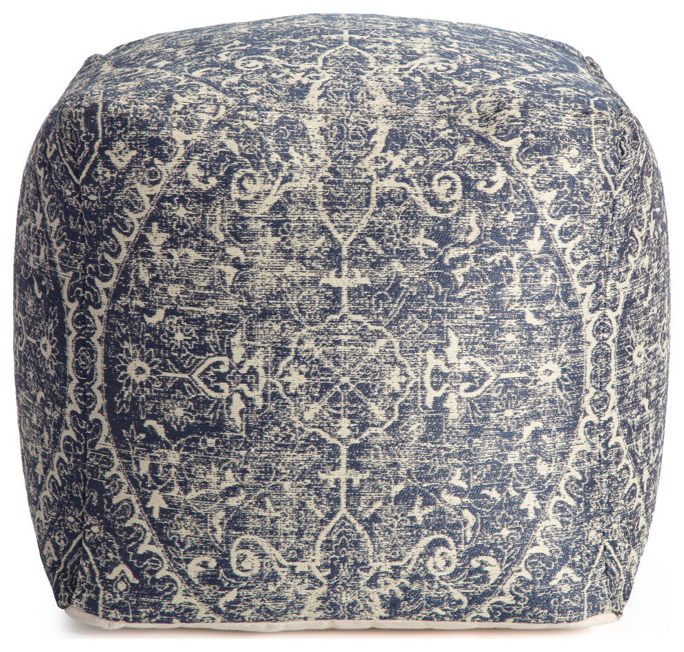 Hanalei 20" x 20" x 20" Blue and Ivory Pouf