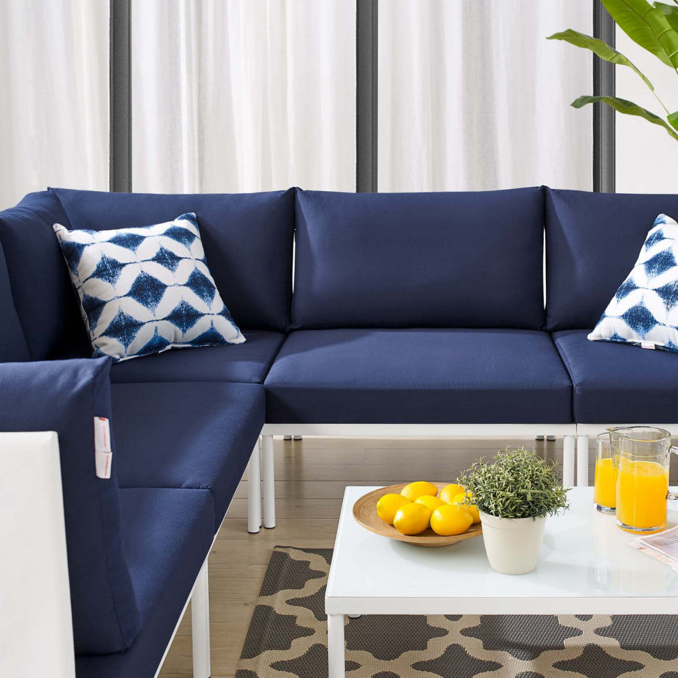 Sectional Sofa Chair Table Set, Sunbrella, Aluminum, White Blue Navy, Outdoor