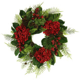 26" Hydrangea Holiday Wreath with Sedum, Pinecones and Berries