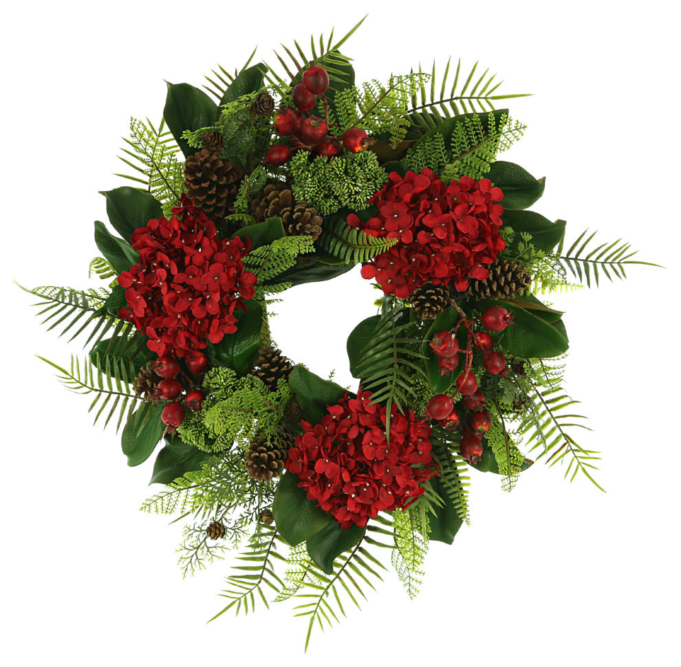 26" Hydrangea Holiday Wreath with Sedum, Pinecones and Berries