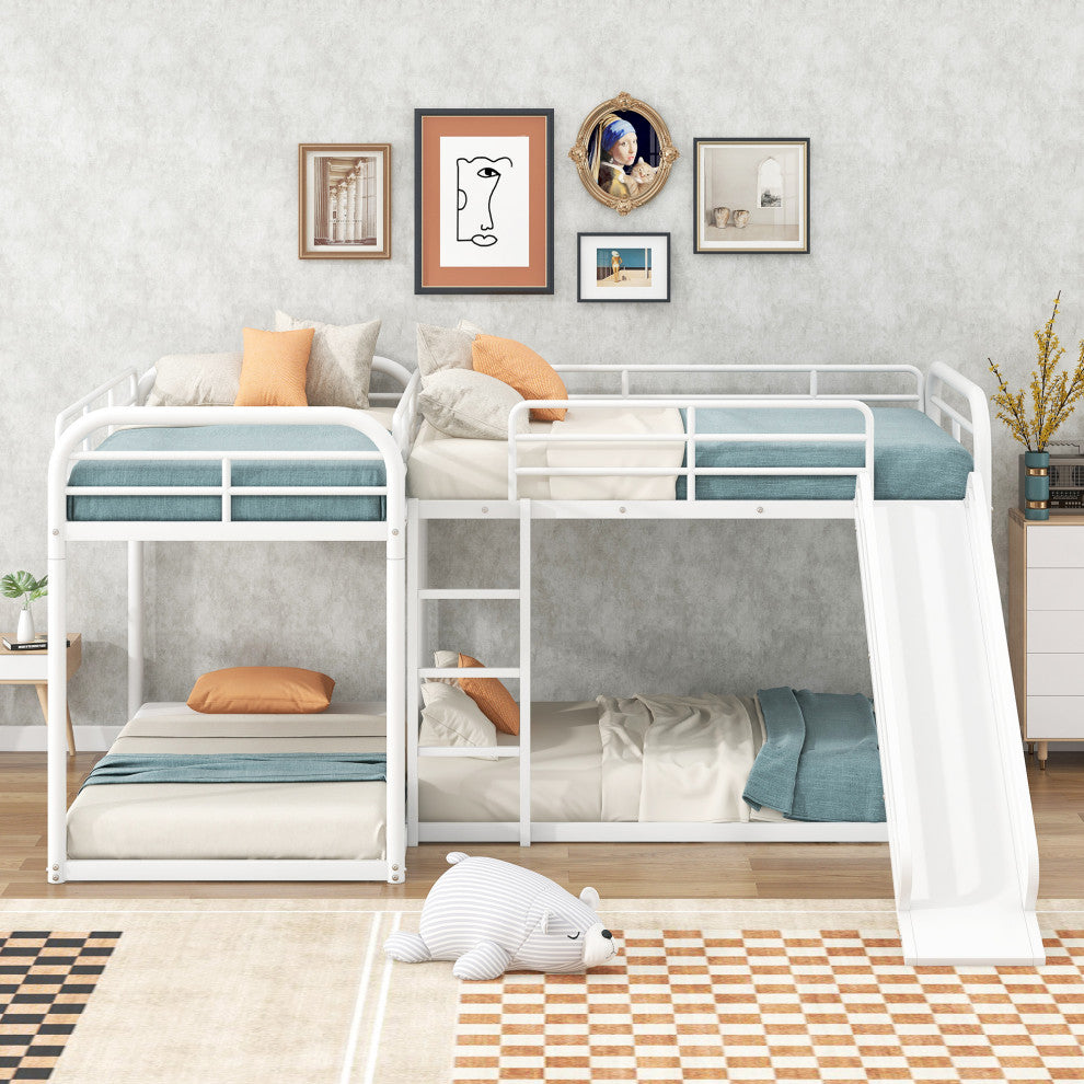 Gewnee Full and Twin Size L-Shaped Bunk Bed with Slide and Short Ladder in White