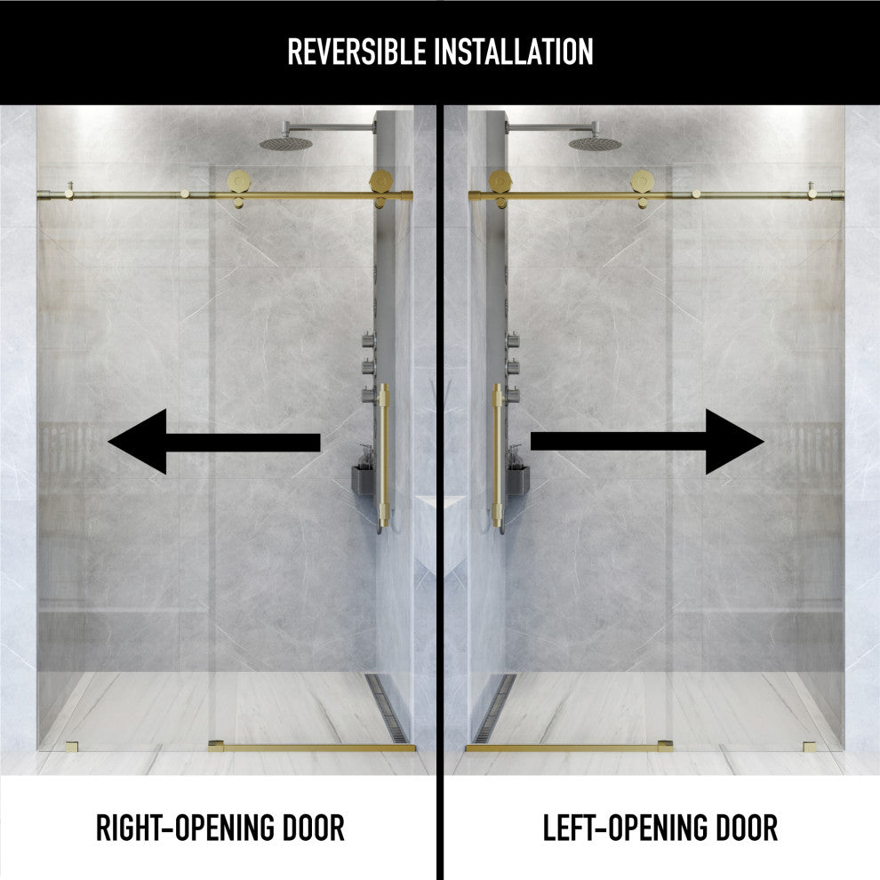 VIGO Elan Hart 56" to 60" W x 76" H Frameless Sliding Shower Door, Matte Brushed Gold, Clear Glass