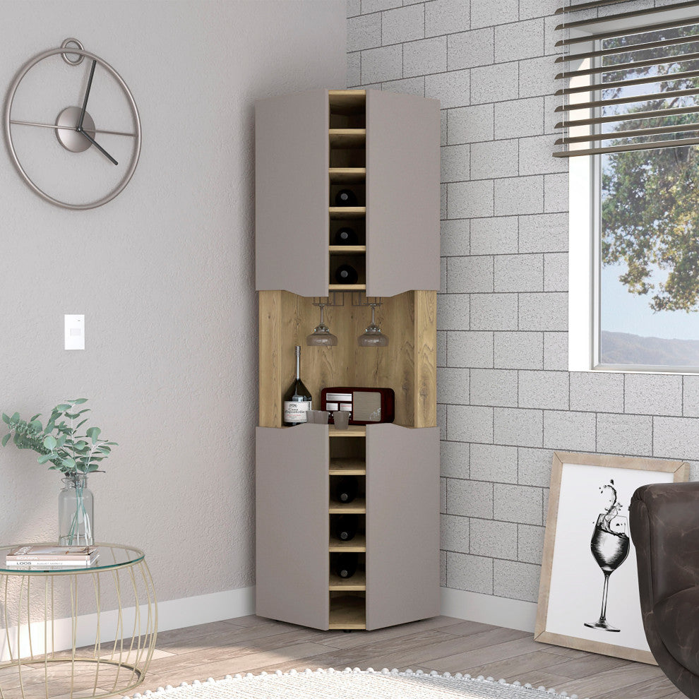 DEPOT E-SHOP Mecca Corner Bar Cabinet, 4 Doors, 8 Shelves, Macadamia/Taupe