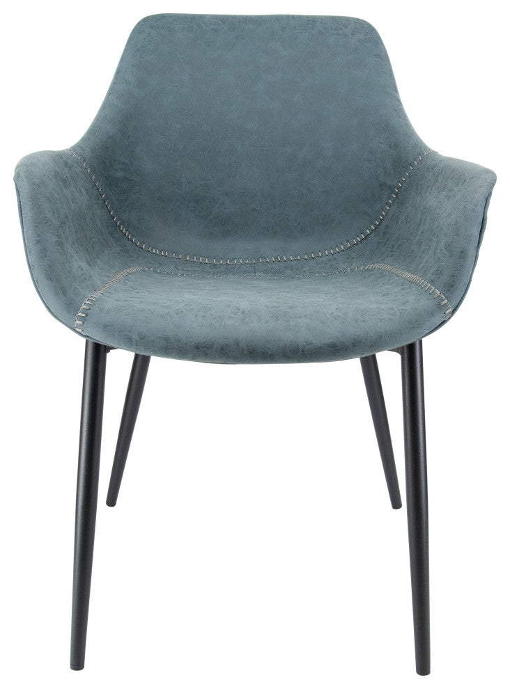 LeisureMod Markley Leather Dining Armchair Metal Legs Set of 2, Peacock Blue
